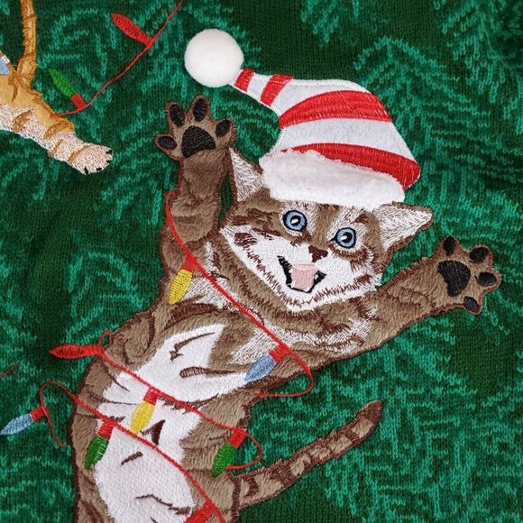 Blizzard Bay Unisex Adult Size Medium Green Tangled Cats Ugly Christmas Sweater - Picture 9 of 14
